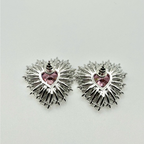 Silver & Pink Heart Floral Statement Stud Earrings White Gold Rhodium Zircon - Picture 4 of 5